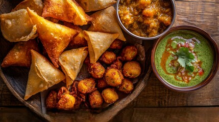 Delicious Indian Snack Platter Samosas Pakoras Chutney