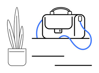 Potted plant next to a briefcase on a desk with a blue strap. Ideal for workspace setup, productivity, business, organizational tools, office decor, professional lifestyle, and time management