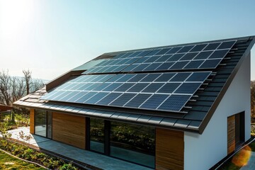 Modern house with solar panels on roof.