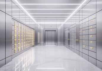Obraz premium Sleek Modern Bank Vault Interior with Illuminated Corridor and Secure Safe Deposit Boxes for Wealth Management and Financial Security