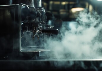 Fototapeta premium Steam Rising from Coffee Machine in Modern Cafe Environment with Stylish Design Elements and Rich Aroma Filling the Air