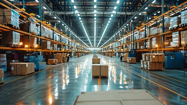 A state-of-the-art manufacturing plant with automated assembly lines, robots, and workers ensuring precision and efficiency in production. warehouse. VDO 4k ProRes