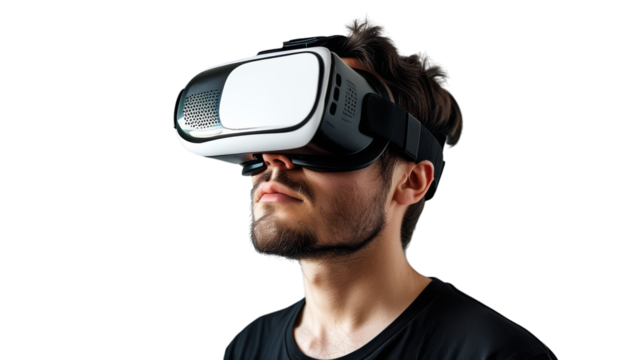 Immersive virtual reality experience with headset on man