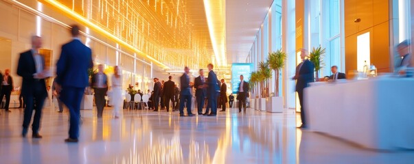 Blurred business people in a modern conference hall with golden lighting and reflective floor.