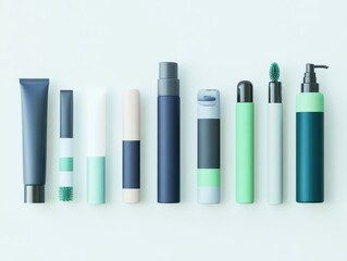 Fototapeta premium Stylish Collection of Cosmetic Packaging in Trendy Colors on Soft Background, Featuring Various Tubes, Pumps, and Bottles for Beauty and Skincare Products