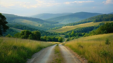 Country road passing through rolling hills and dense green forests