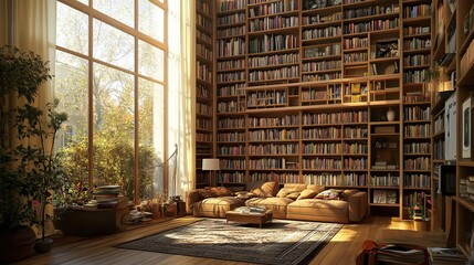 Sunlit Room Featuring Extensive Bookshelves and Comfortable Seating