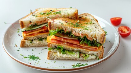 Delicious club sandwich on a white plate on a white table against a white background