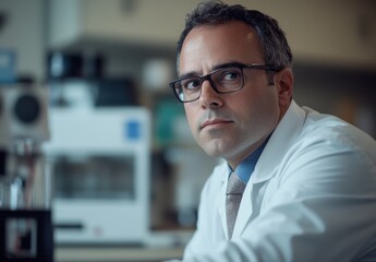 Fototapeta premium Thoughtful male scientist in a laboratory setting, wearing glasses and a white coat, analyzing research data with a focused expression, professional environment
