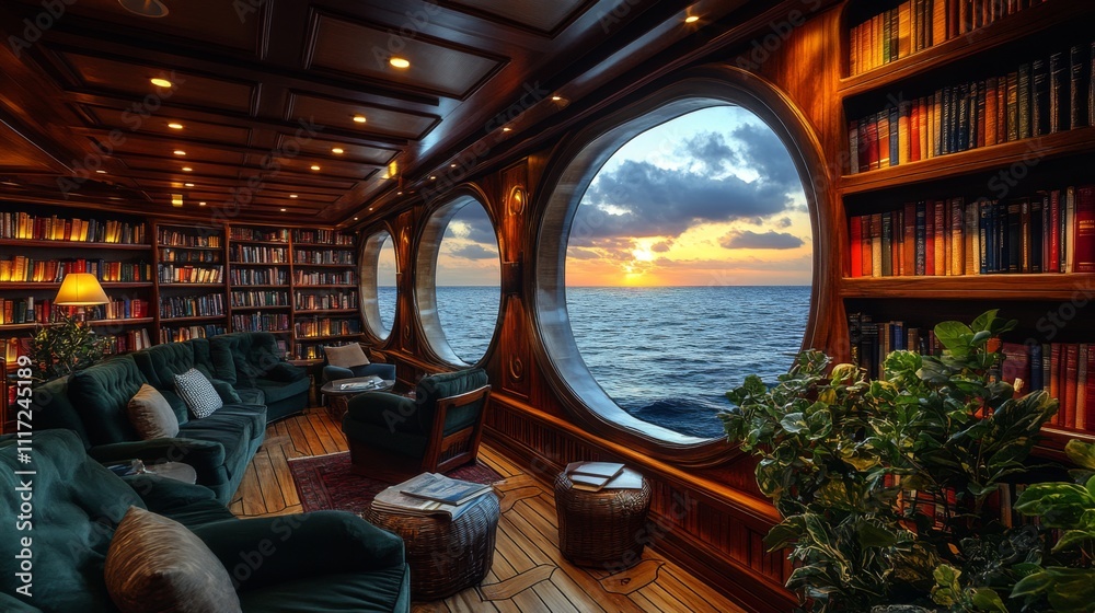 Aufkleber a beautifully crafted lounge features plush seating and bookshelves filled with books, overlooking t