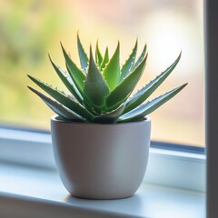 Fototapeta premium Decorative Potted Succulent Plant Windowsill Indoor Setting Home Decor Bright Natural Light Aesthetic Greenery Concept