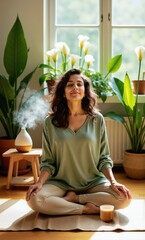 Indian Woman Meditating Indoors Surrounded by Natural Plants and Light
