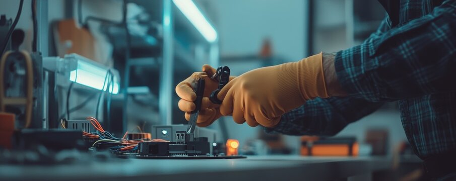 Technician repairing electronics with tools and gloves in a workshop. Close-up of circuit assembly process.