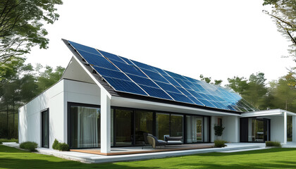 Modern house with solar panels and green surroundings
