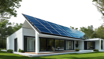 Modern house with solar panels and green surroundings