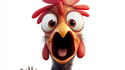 Funny shocked chicken with big eyes on white background cartoon style