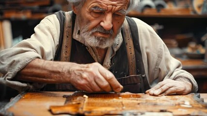 an elderly craftsman meticulously carving a violin