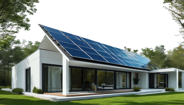Modern house with solar panels and green surroundings