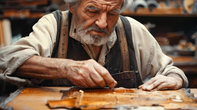 an elderly craftsman meticulously carving a violin - Powered by Adobe