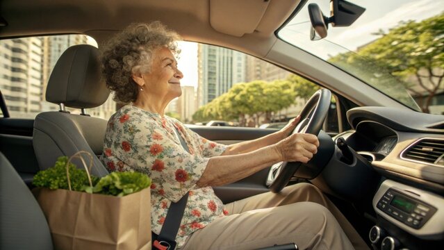 A grandmotherly figure with curly gray hair drives a wellmaintained hatchback. Clad in a floral blouse and comfortable slacks she expertly navigates through city traffic. On the
