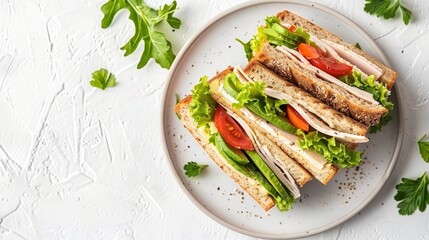 Fresh turkey and avocado sandwich on a white plate on a white table on a white background