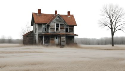 Abandoned house in field with dry grass and trees