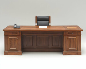 Large, dark wood executive desk with leather chair.