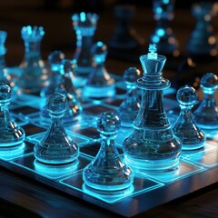 Futuristic Chess Set with Glowing Holographic Pieces High-Tech Environment Unique Game Concept Modern Viewpoint Digital Art