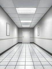 Fototapeta premium Long, empty corridor with white walls, tiled floor, and a door at the end.
