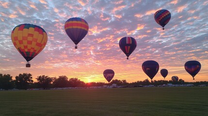 Obraz premium Colorful hot air balloons ascend at sunrise over a green field.