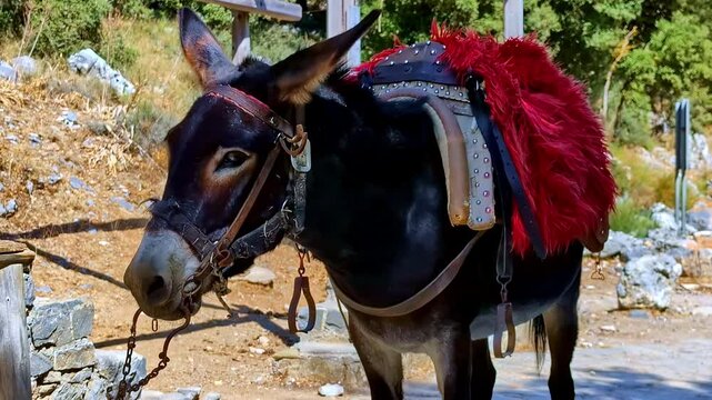 Landscape of beautiful donkey blinking with saddle on back on side of road street in Crete Greece Europe animal species equine mammal outdoors riding travel