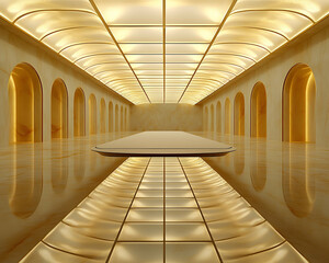 Luxurious golden hall with arched doorways and reflective floor.