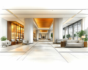 Luxurious hotel lobby interior design sketch.