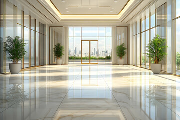Obraz premium Luxurious modern lobby with panoramic city view.