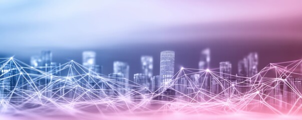 Futuristic cityscape with glowing network connections over a blurred urban skyline in blue and pink tones.
