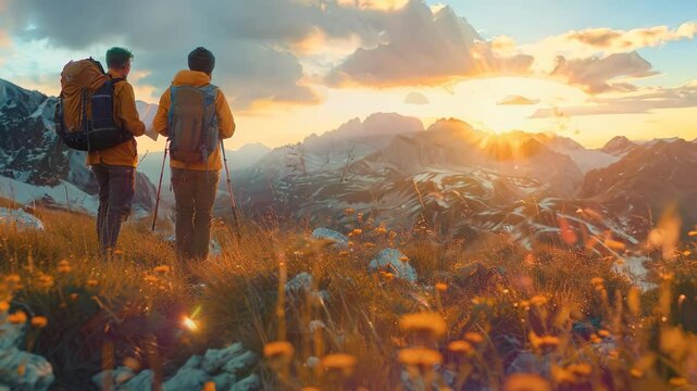 Scenic sunset view from mountain hikers in nature