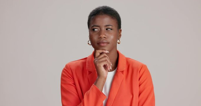 African, solution or businesswoman in studio thinking for daydreaming, vision or reflection. White background, problem solving or curious realtor nodding head for decision, question or option choice