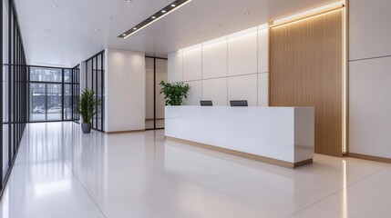 Minimalist reception with neutral tones, a single long desk, and contemporary light fixtures, neutral modern reception, elegant, understated