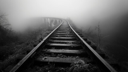 Fototapeta premium An abandoned train track disappearing into the fog, creating a haunting atmosphere.
