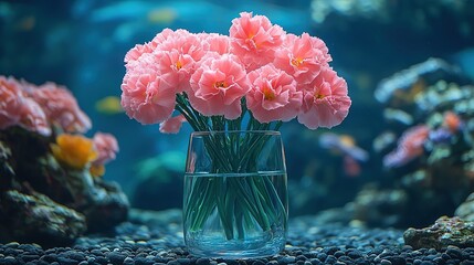 Bouquet of pink carnations in a glass vase with dark blue surface. in an aquarium with underwater