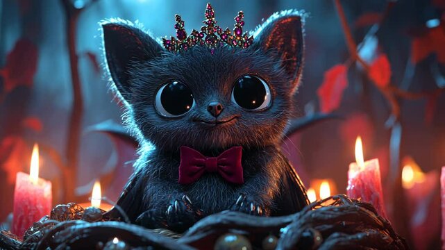 A Charming Little Bat Creature with Sparkling Crown and Cozy Candlelit Atmosphere