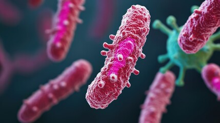 Fototapeta premium Colorful microscopic bacteria with intricate structures against a dark background, showcasing cellular detail and biological diversity.