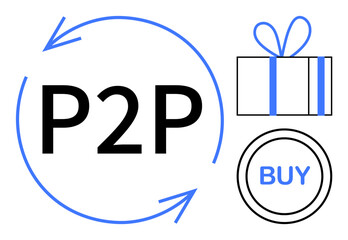 P2P text encircled by arrows, a small gift box with a bow, and a circular buy button. Ideal for e-commerce, online transactions, trading platforms, consumer exchange, gift trading, digital