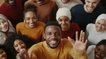 Obraz premium Group of diverse people smiling and waving at the camera in a warm and joyful indoor setting.