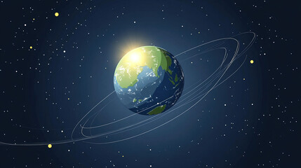 Fototapeta premium Earth axis diagram illustration showing the tilt of the Earth's rotational axis relative to its orbital plane, explaining the cause of seasonal changes and the distribution of sunlight.