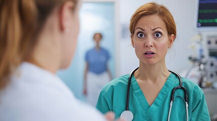 A nurse looks surprised while speaking to a colleague in a medical setting, conveying a sense of urgency and concern.