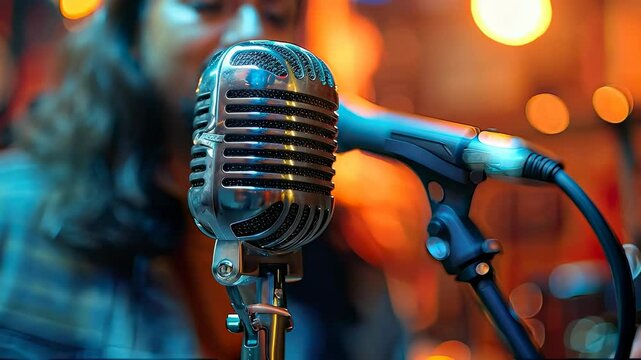 Vintage microphone in a vibrant music venue