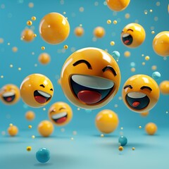 3D rendering of happy laughing emojis floating on a blue background.