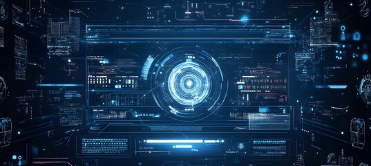 Dark blue background with white futuristic technology and digital connection lines, banner design for website header,


