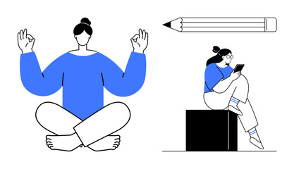 Person meditating in a lotus position and a seated person reading on a black block. Ideal for wellness, mindfulness, relaxation, education, reading, creativity, lifestyle. Line metaphor